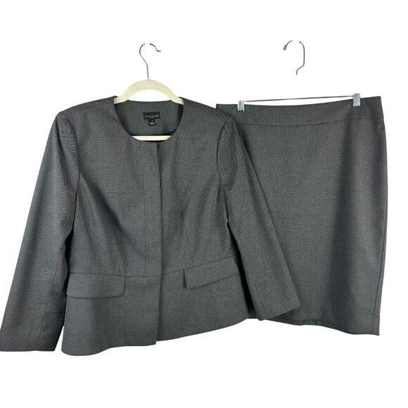 Ann Taylor‎ Factory 2 Piece Skirt Suit Women 8-10 Gray Micro Dot Blazer Career - Picture 1 of 11